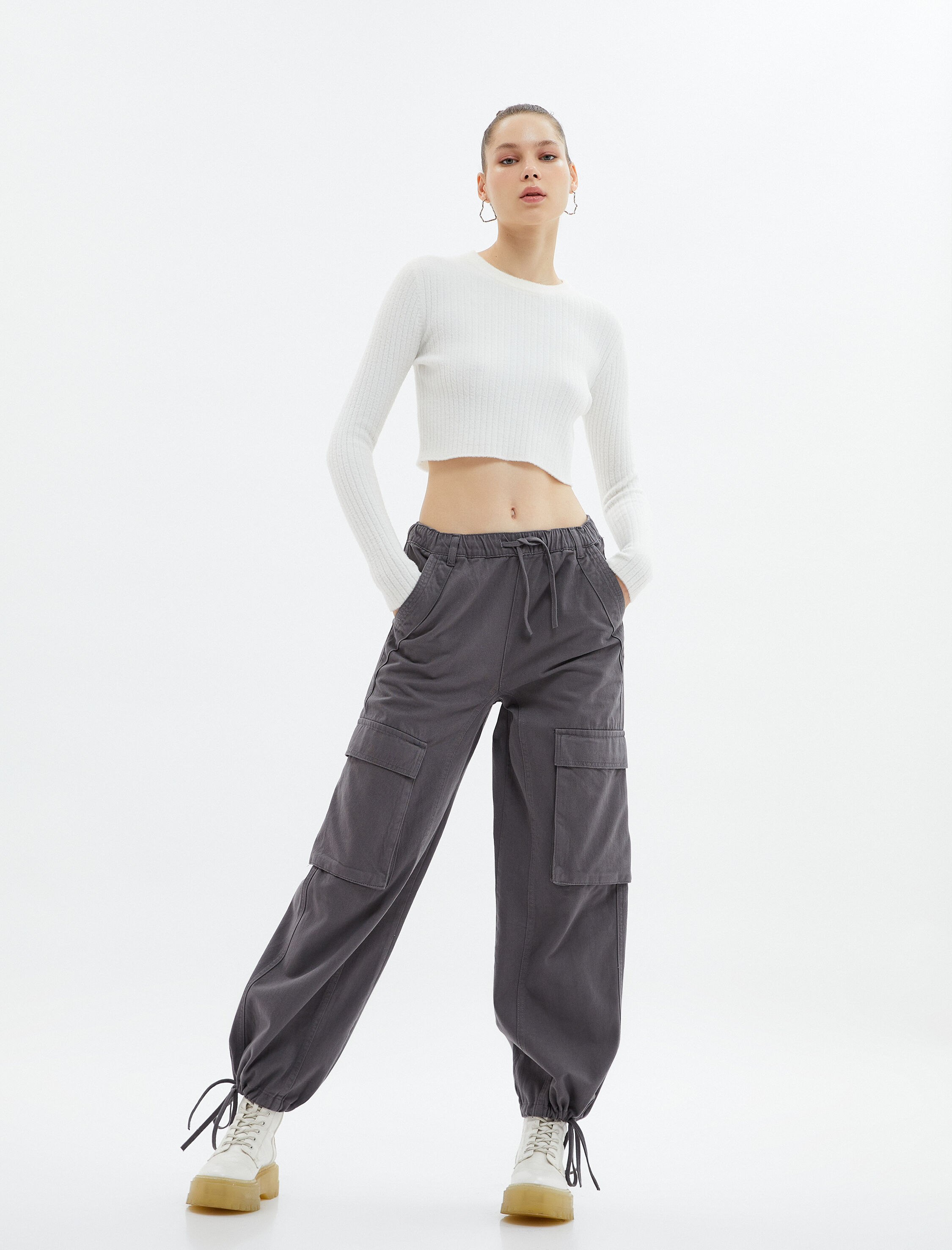   Kargo Jogger Pantolon Soluk Efektli Beli Lastikli Bağlamalı Cepli Pamuklu