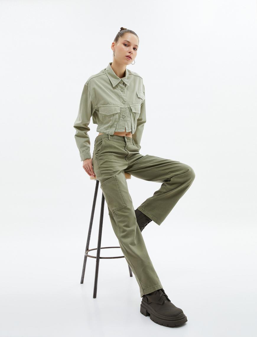 Yeşil Kadın Kargo Pantolon Soluk Efektli Düz Paça Normal Kesim Cepli  Pamuklu - Eve Jean 4WAL40086MW