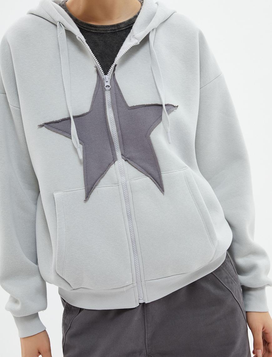   Oversize Fermuarlı Kapşonlu Sweatshirt Şardonlu Yıldız Aplike Detaylı Pamuklu