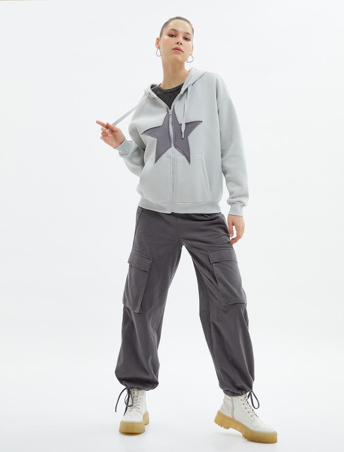  Oversize Fermuarlı Kapşonlu Sweatshirt Şardonlu Yıldız Aplike Detaylı Pamuklu