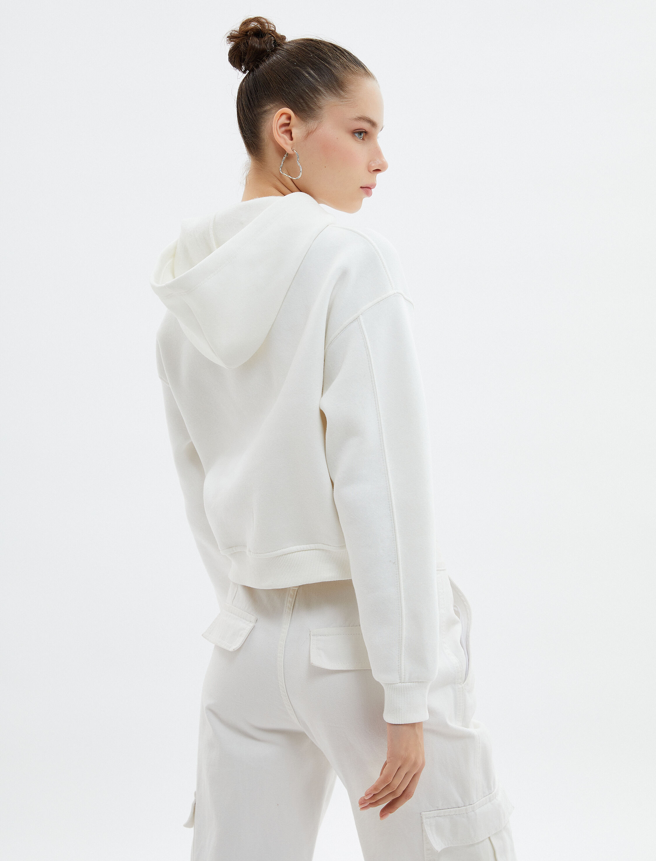   Crop Kapşonlu Sweatshirt Şardonlu Baskılı Pamuklu