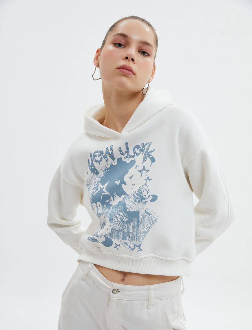   Crop Kapşonlu Sweatshirt Şardonlu Baskılı Pamuklu