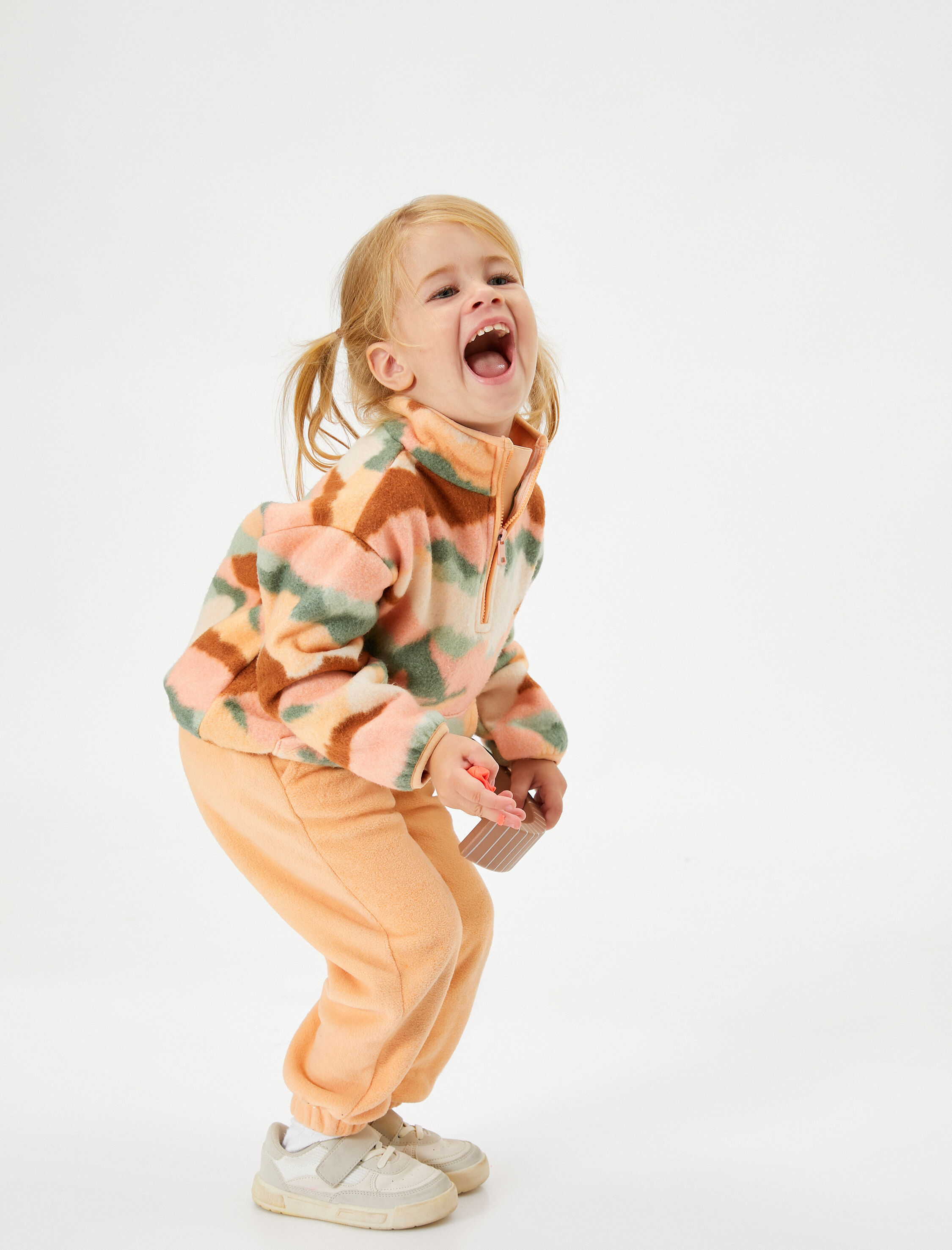  Kız Bebek Polar Sweatshirt Dik Yaka Yarım Fermuarlı Uzun Kollu