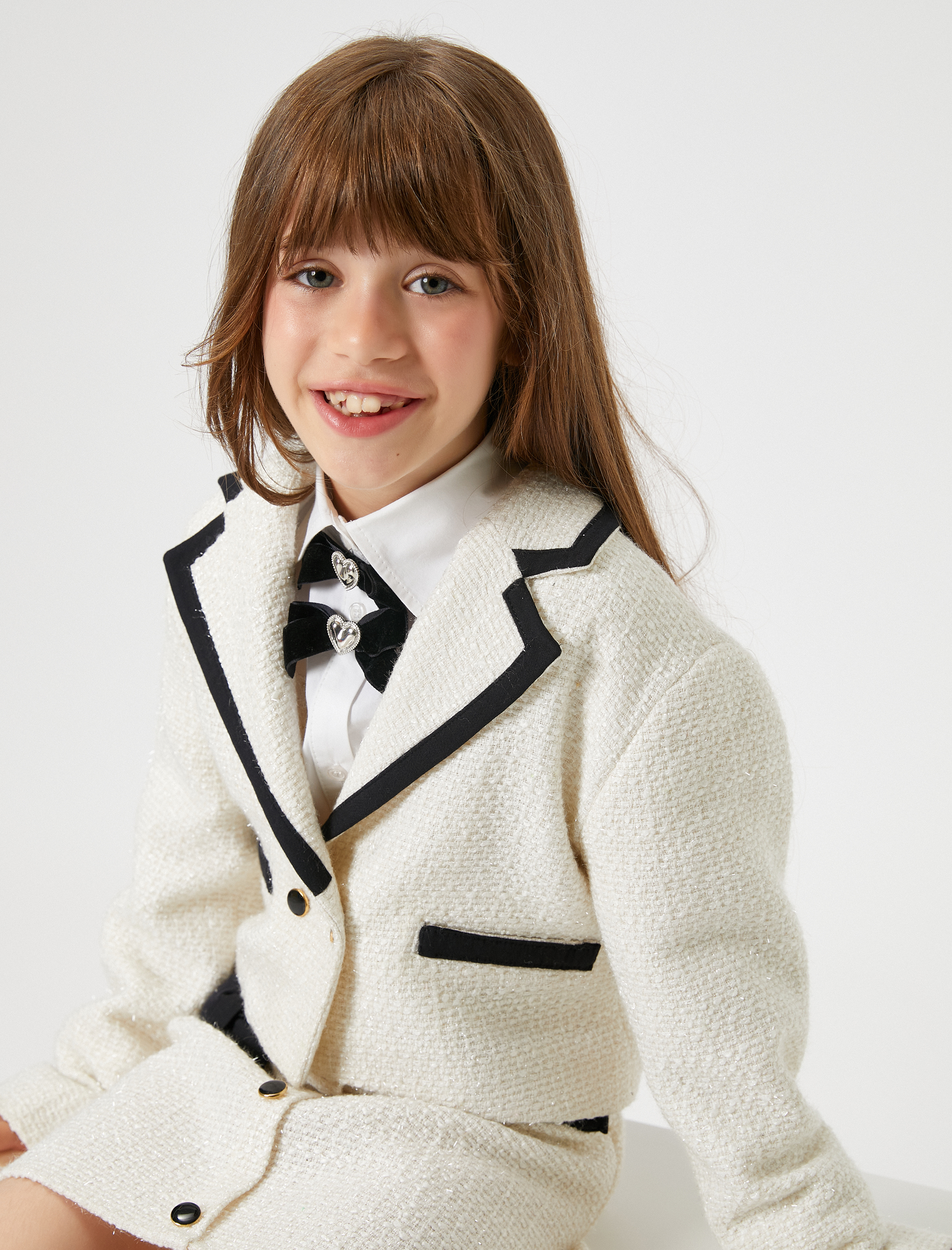  Kız Çocuk Tüvit Ceket Uzun Kollu Düğme Kapamalı Cep Detaylı Dokulu