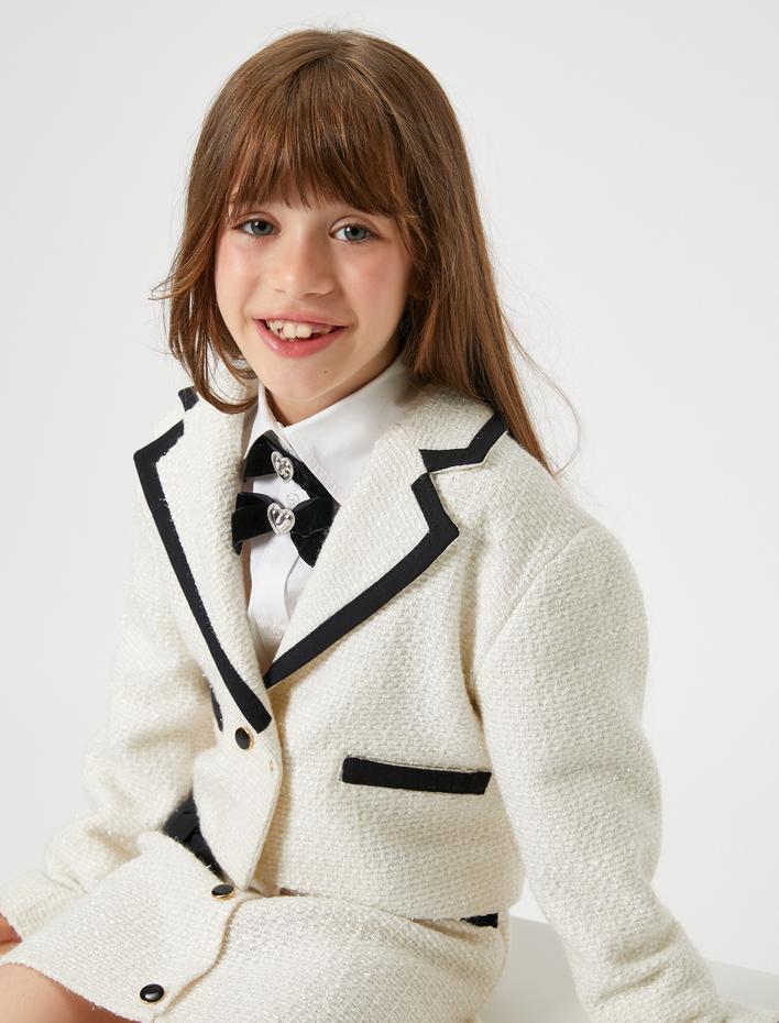 Kız Çocuk Tüvit Ceket Uzun Kollu Düğme Kapamalı Cep Detaylı Dokulu