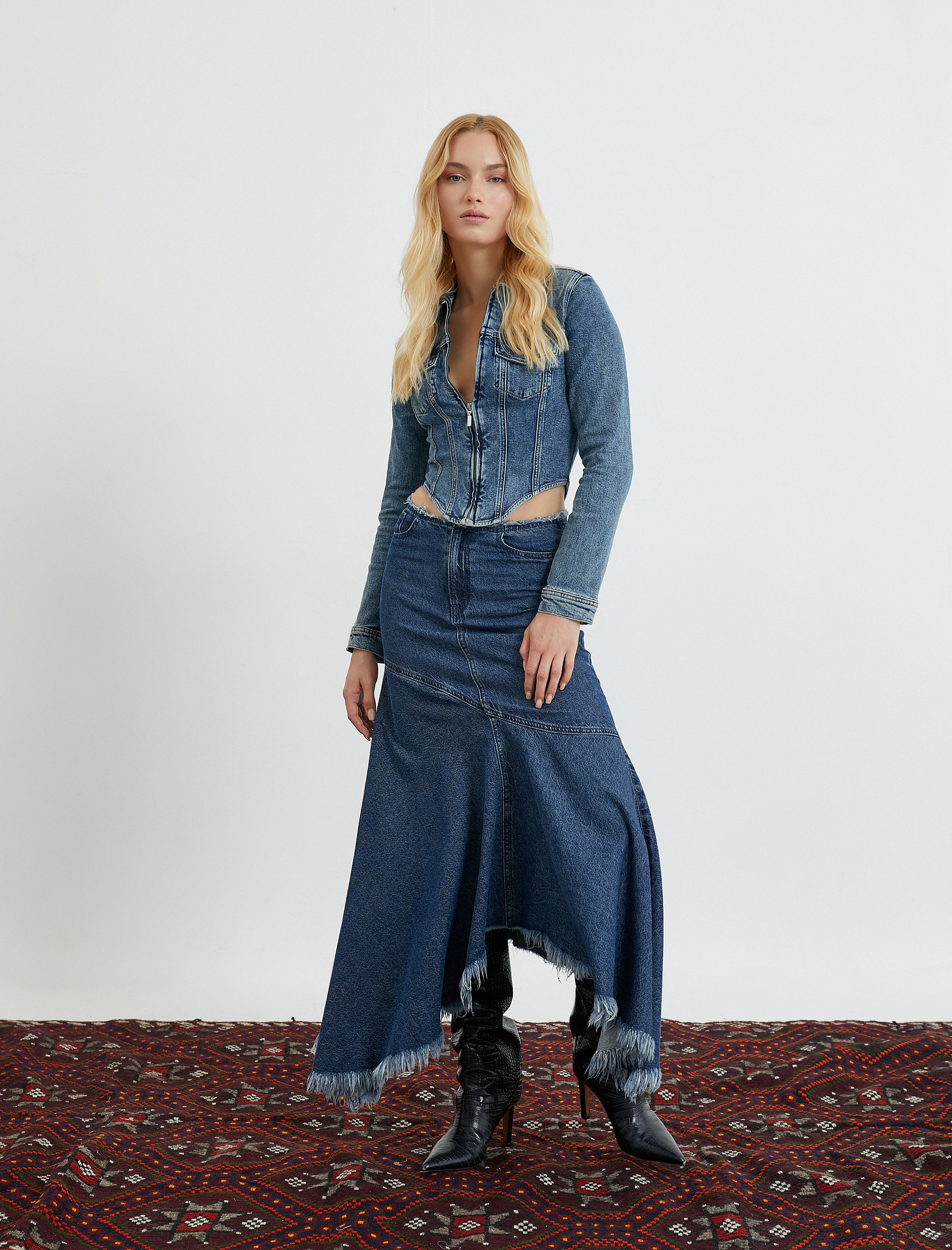   Crop Kot Ceket Fermuarlı Asimetrik Kesim Korse Görünümlü Pamuklu