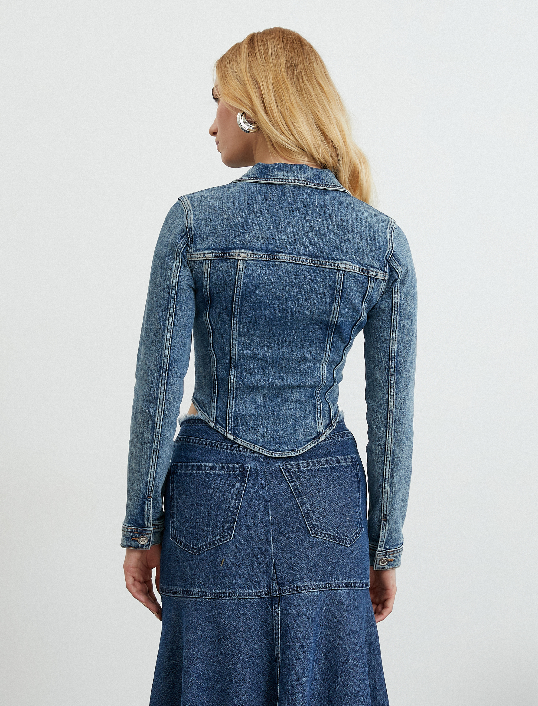   Crop Kot Ceket Fermuarlı Asimetrik Kesim Korse Görünümlü Pamuklu