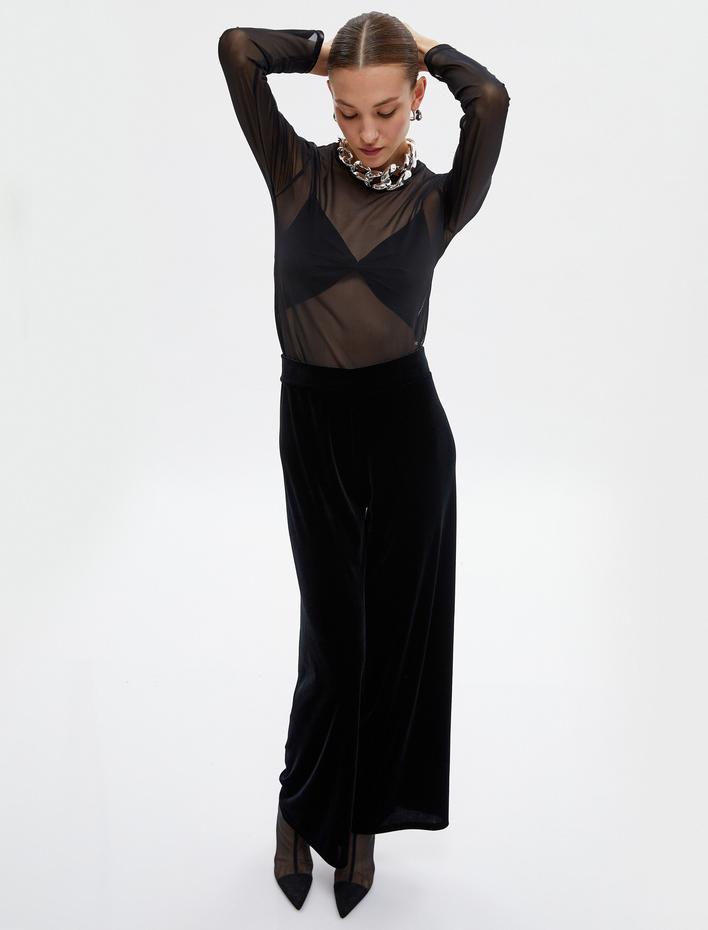  Kadife Pantolon Bol Paça Yüksek Bel