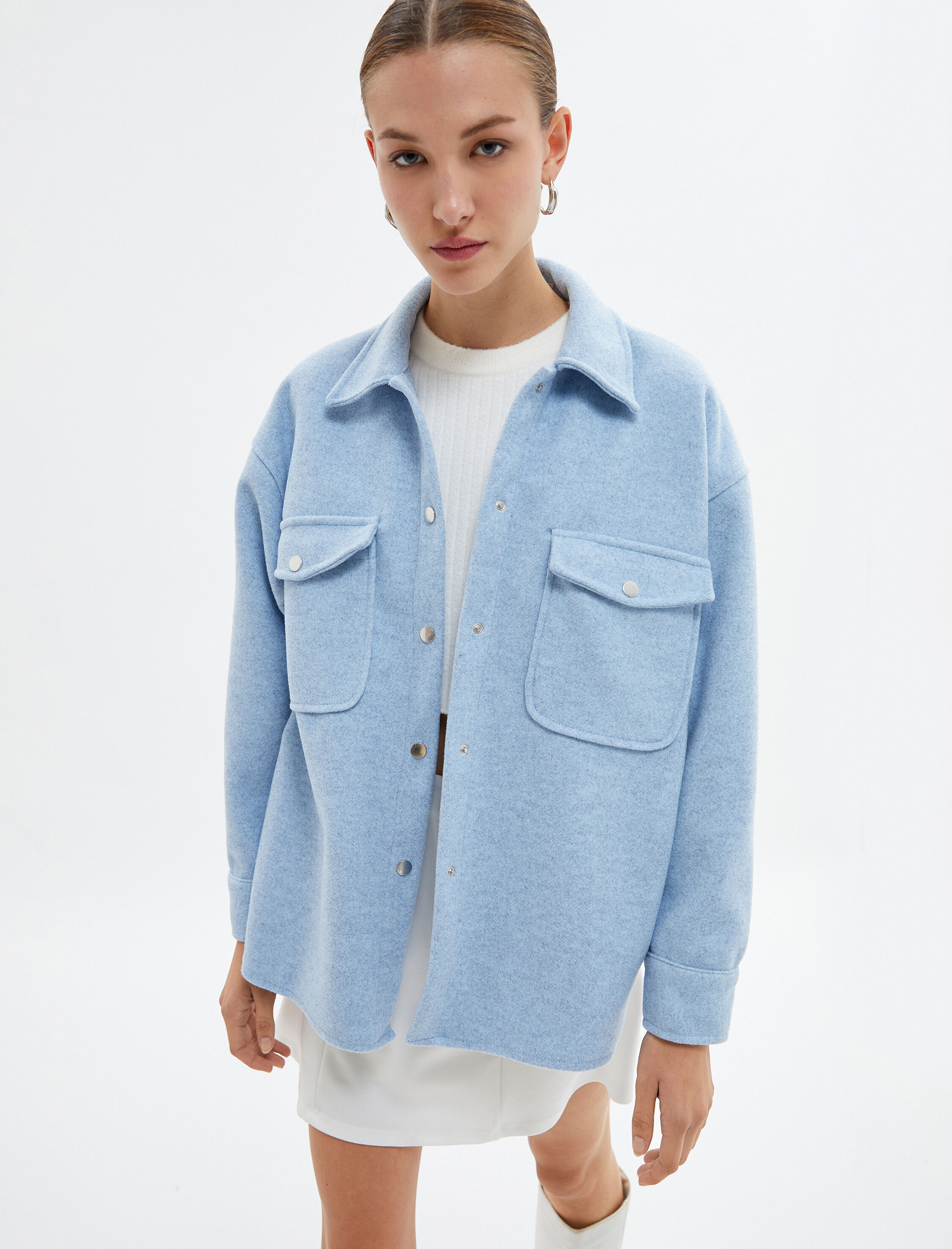   Oversize Gömlek Ceket Çıtçıt Düğmeli Kapaklı Cepli