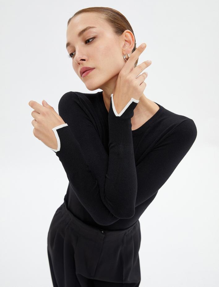  Triko Kazak Bisiklet Yaka Uzun Kollu Pencere Detaylı