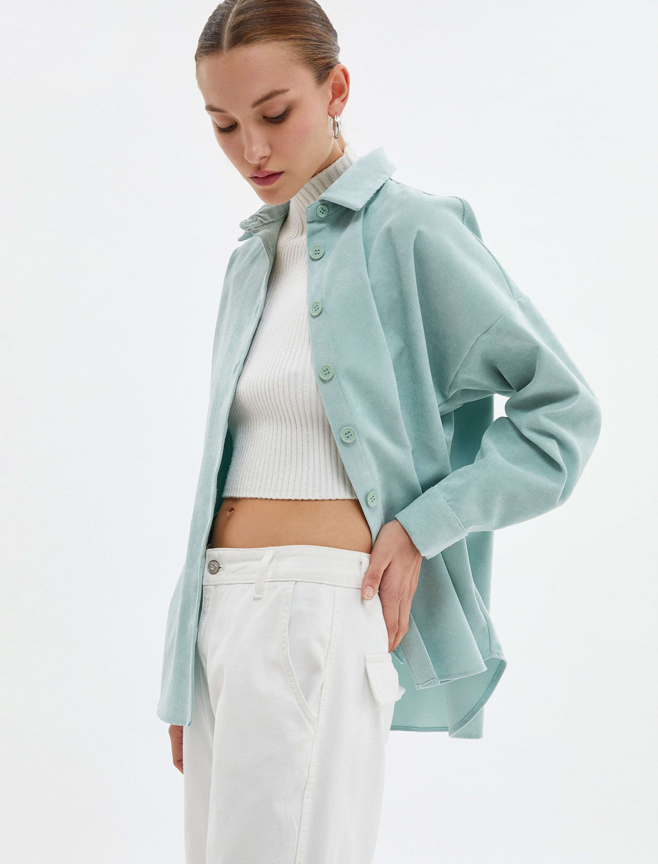   Oversize Kadife Gömlek Düğmeli Manşet Yaka