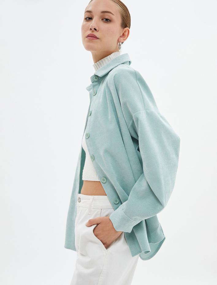  Oversize Kadife Gömlek Düğmeli Manşet Yaka