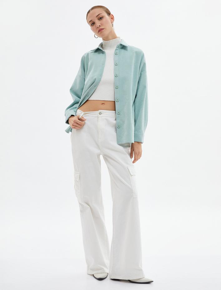  Oversize Kadife Gömlek Düğmeli Manşet Yaka