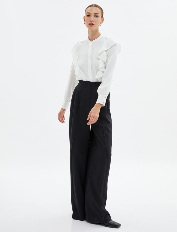  Hakim Yaka Gömlek Fırfır Detaylı Uzun Kollu Düğmeli