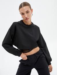 Crop Sweatshirt Tül Korse Detaylı Bisiklet Yaka