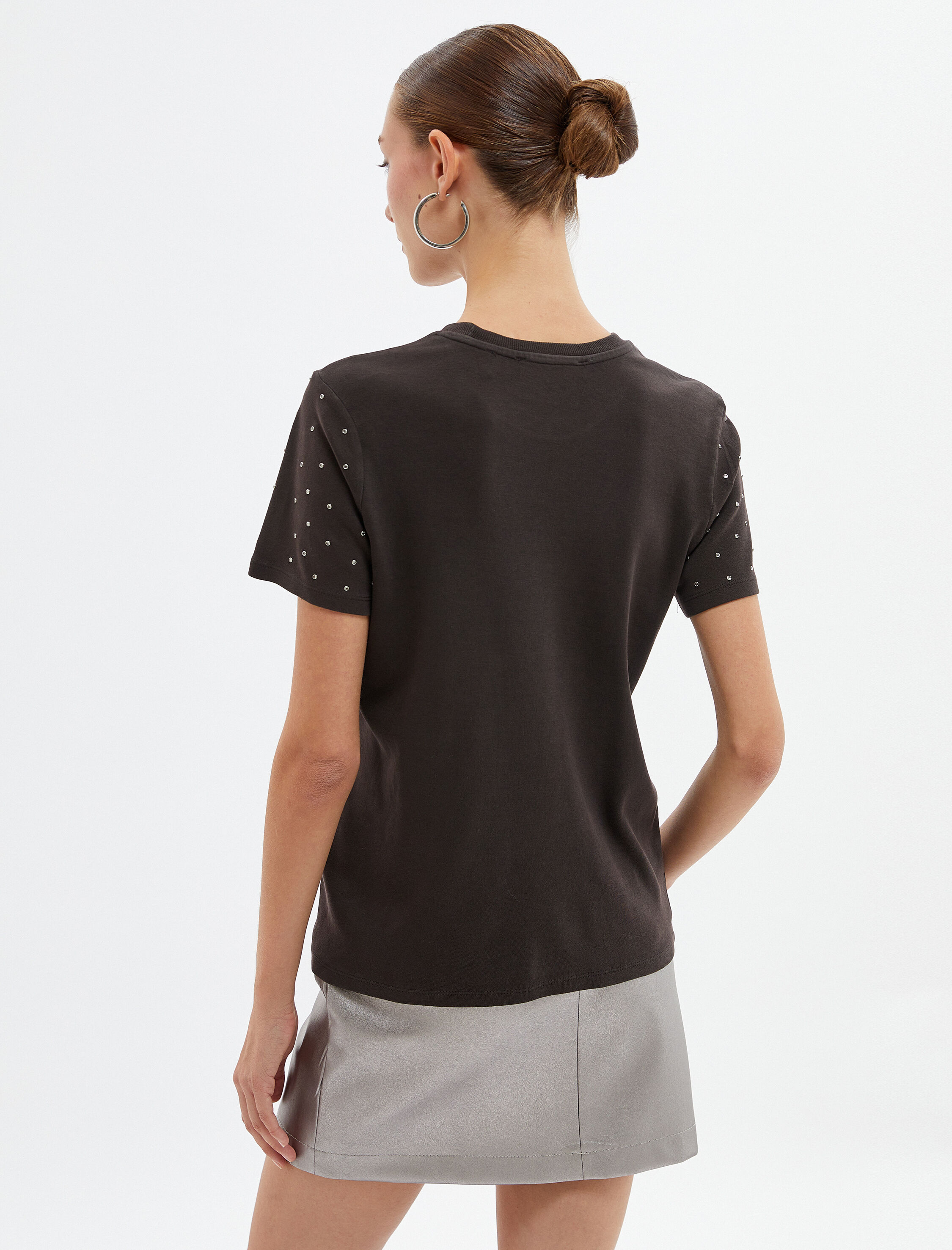   Kısa Kollu Tişört Parlak Taşlı Bisiklet Yaka Pamuklu