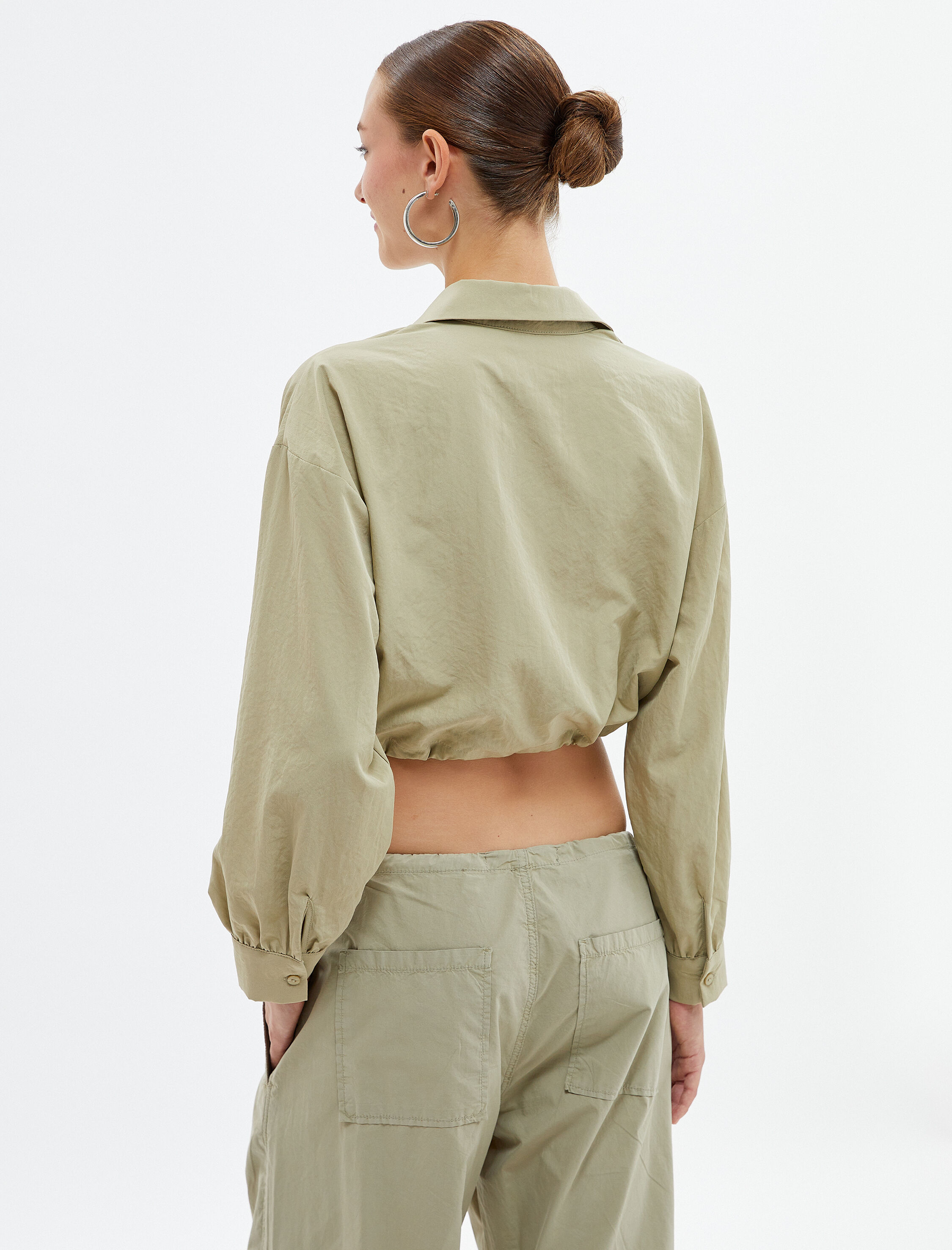   Crop Paraşüt Gömlek Beli Lastikli Cepli Düğmeli