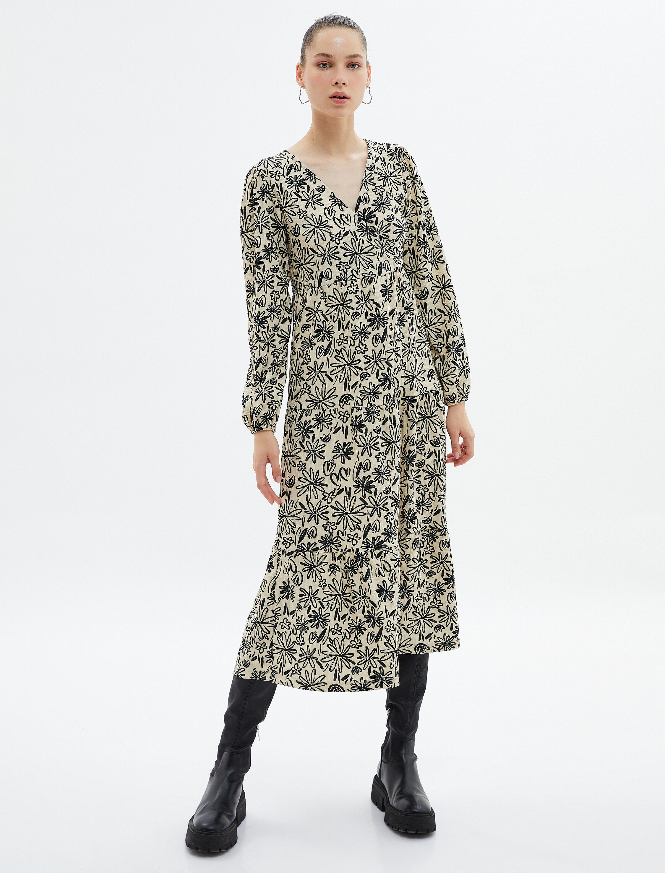   Çiçekli Midi Elbise Uzun Kollu Kruvaze V Yaka Manşetleri Lastikli Bürümcük