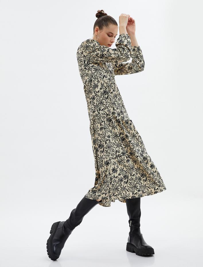  Çiçekli Midi Elbise Uzun Kollu Kruvaze V Yaka Manşetleri Lastikli Bürümcük