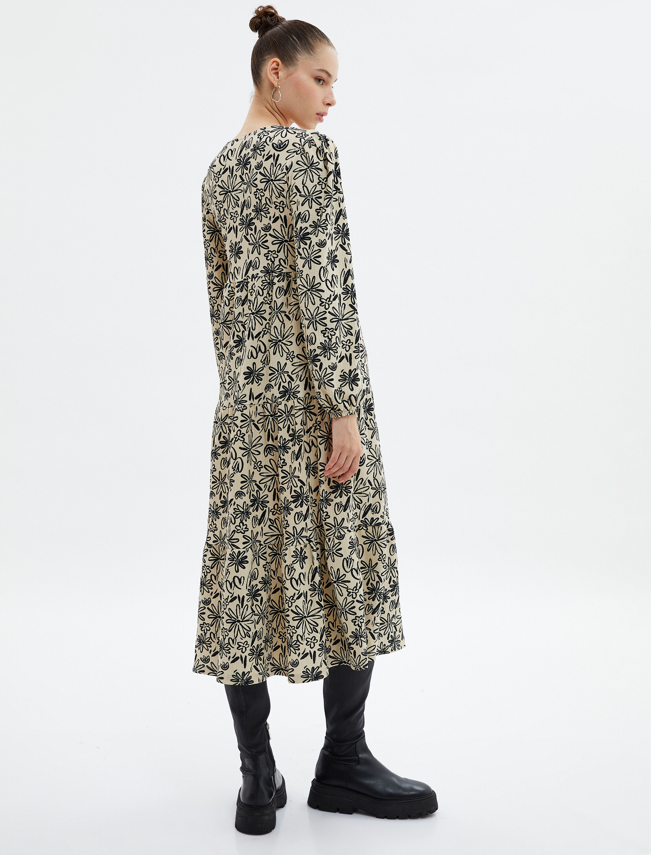   Çiçekli Midi Elbise Uzun Kollu Kruvaze V Yaka Manşetleri Lastikli Bürümcük