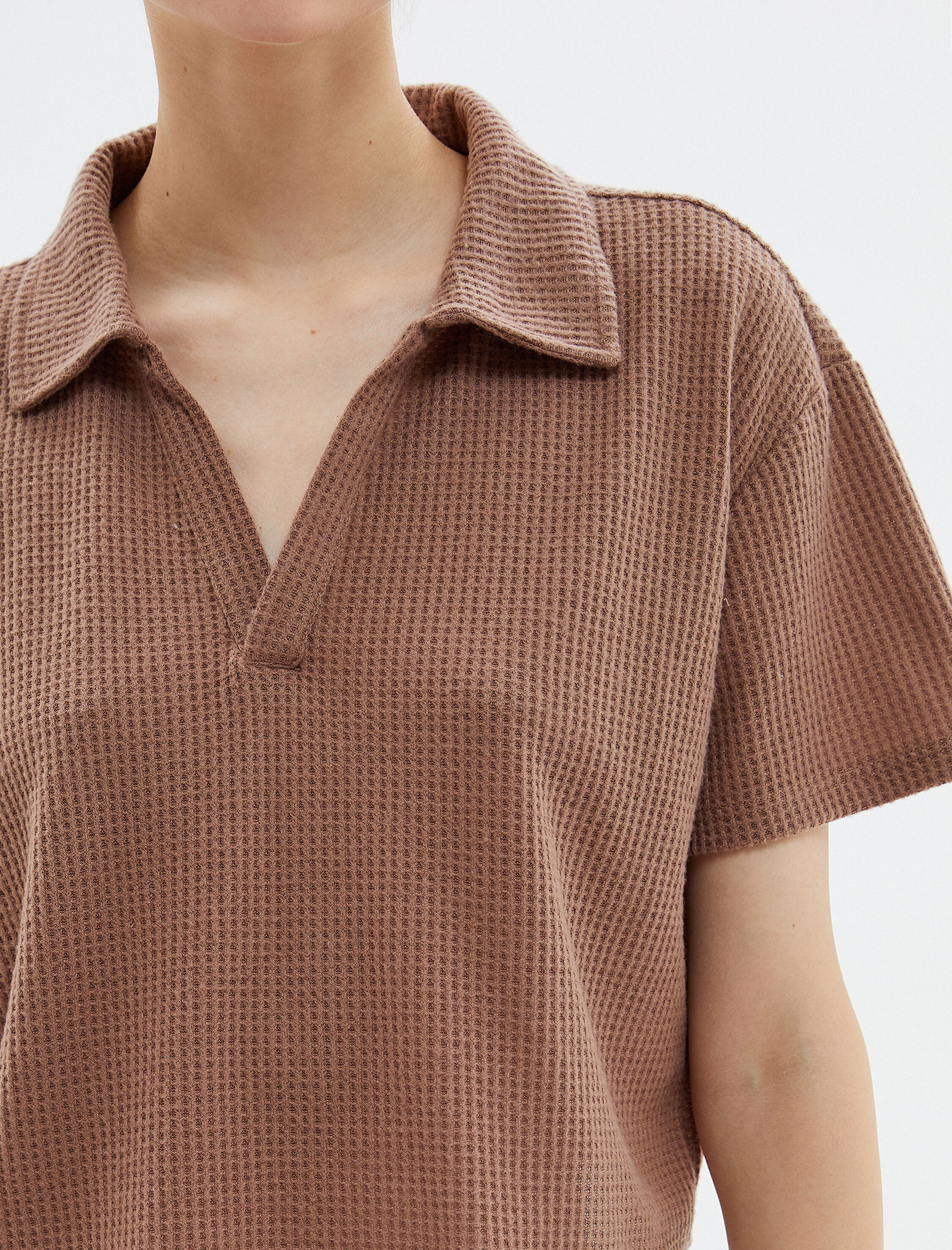   Crop Pijama Üstü Polo Yaka Dokulu Kısa Kollu