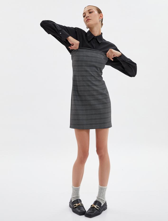  Mini Straplez Elbise Yakası Suni Deri Detaylı