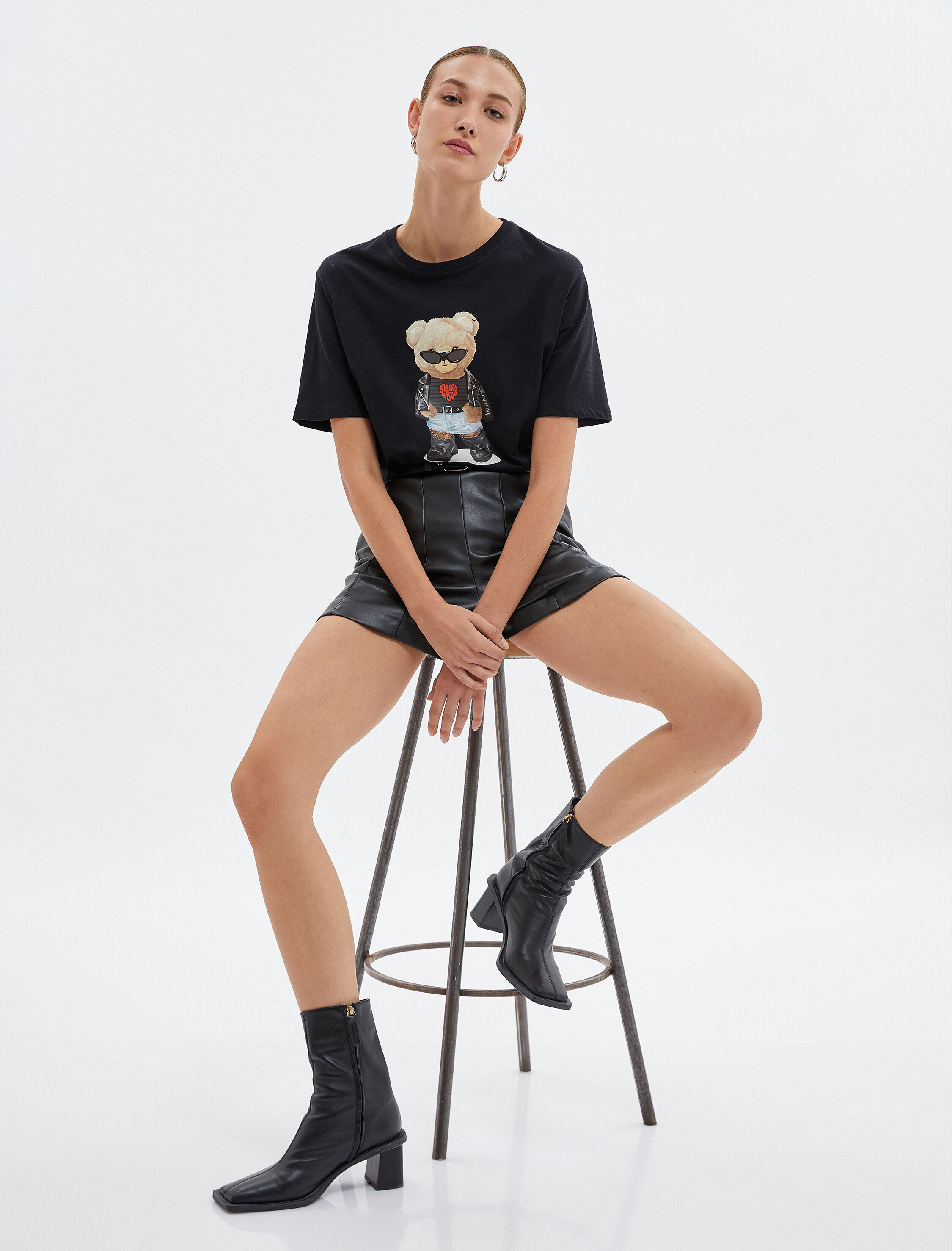   Baskılı Tişört Bisiklet Yaka Kısa Kollu Pamuklu