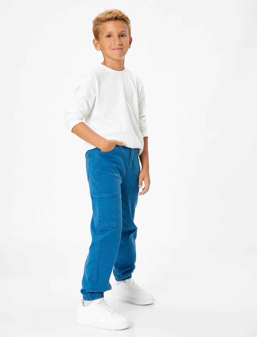  Erkek Çocuk Jogger Kot Pantolon Cepli Pamuklu Beli Lastikli - Jogger Jeans