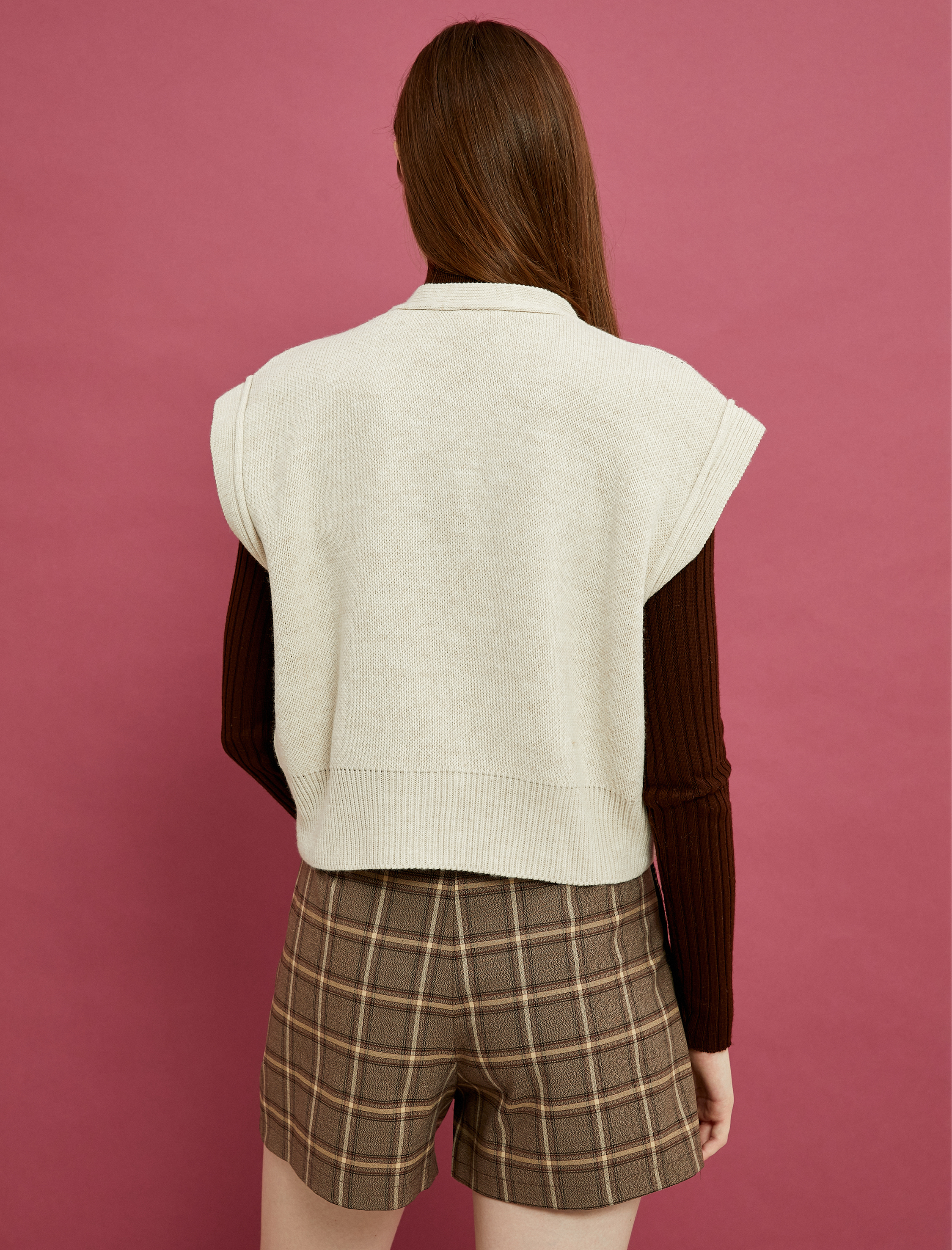   Triko Yelek Desenli Gömlek Yaka Düğmeli Kolsuz