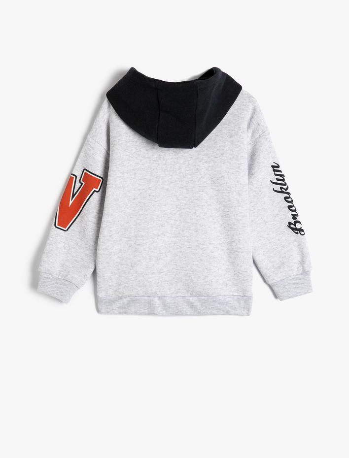 Erkek Çocuk Kapşonlu Sweatshirt Kolej Baskılı Uzun Kollu Renk Bloklu