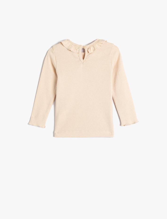 Kız Bebek Basic Tişört Uzun Kollu Fırfır Detaylı Bisiklet Yaka Pamuklu