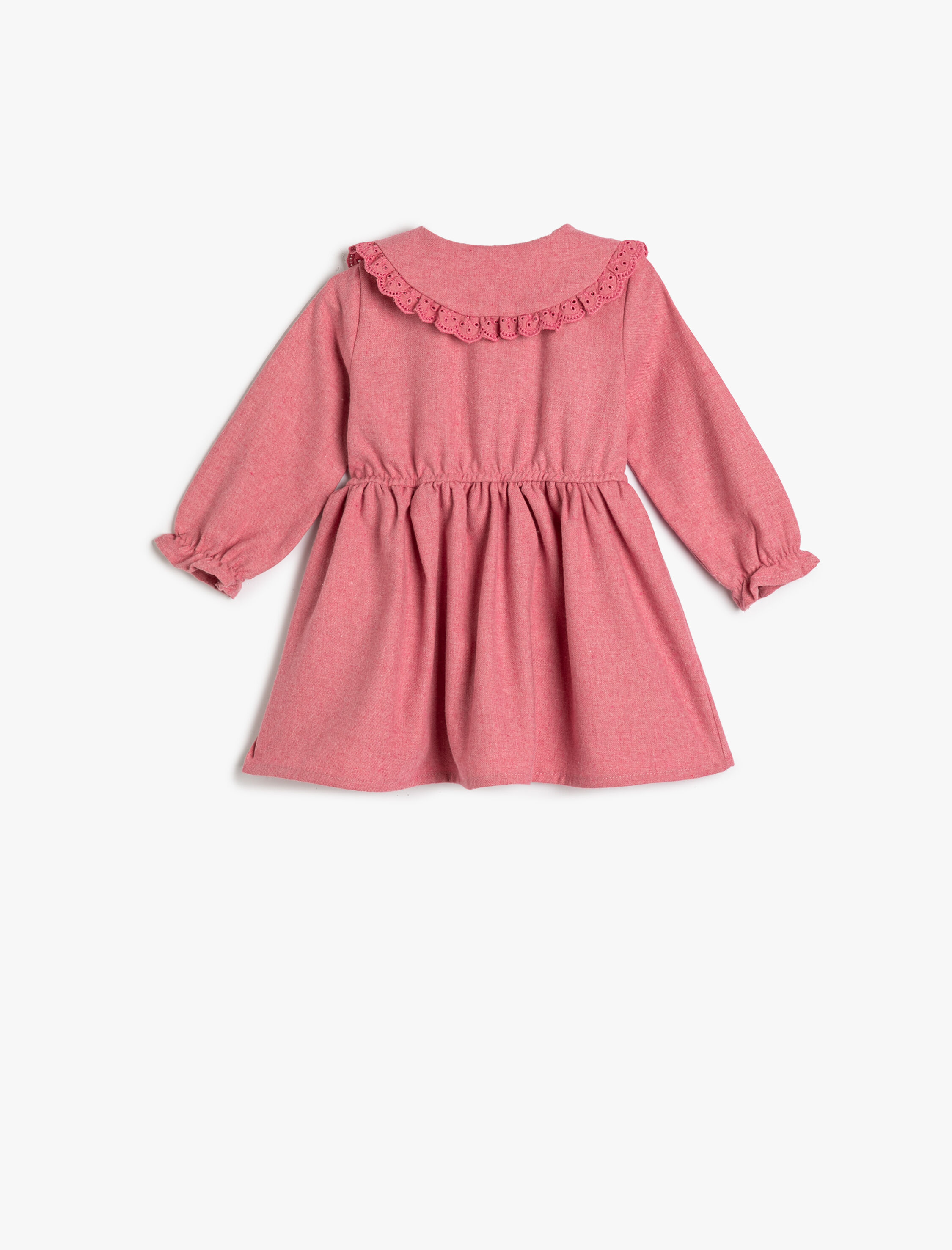  Kız Bebek Elbise Bebe Yaka Fırfır ve Düğme Detaylı Lastik Manşetli