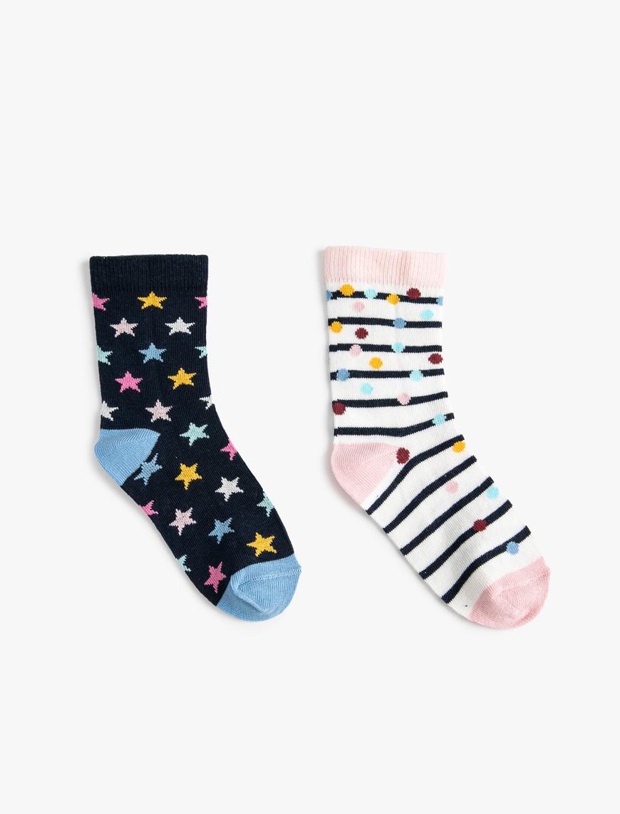  Kız Çocuk 2'li Desenli Çok Renkli Soket Çorap