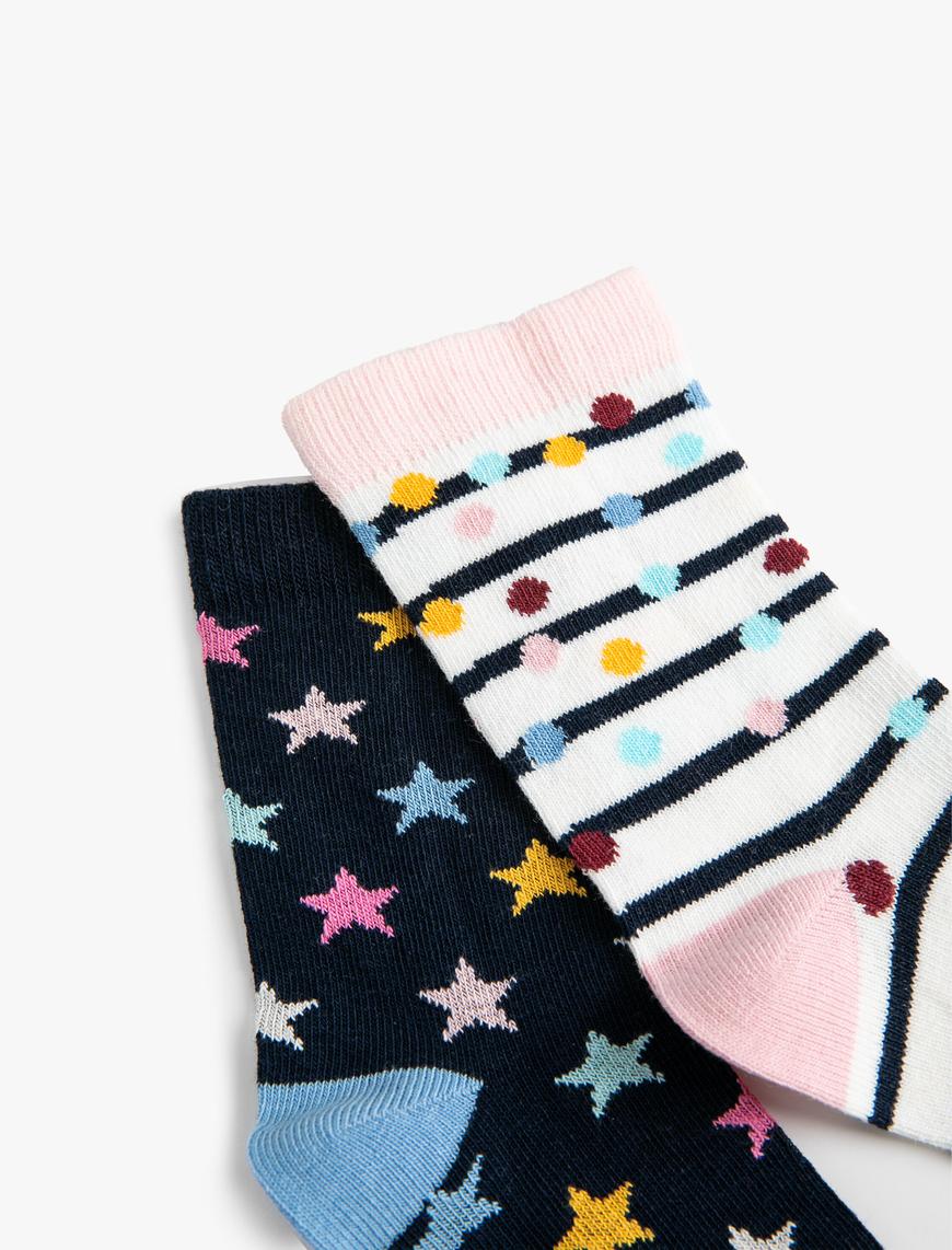  Kız Çocuk 2'li Desenli Çok Renkli Soket Çorap
