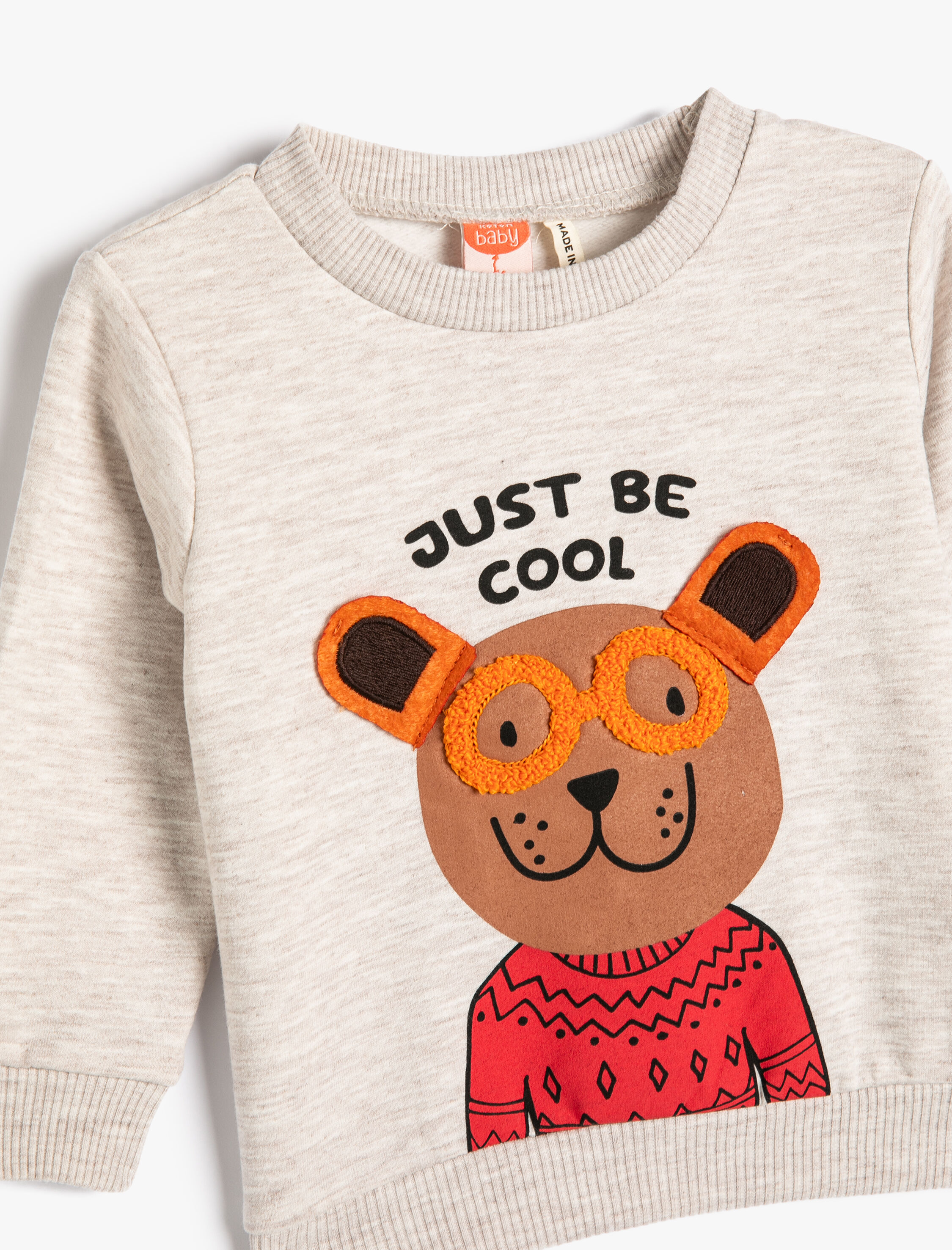  Erkek Bebek Sweatshirt Uzun Kollu Bisiklet Yaka Ayıcık Baskılı Şardonlu