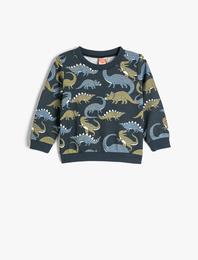 Dinozorlu Sweatshirt Bisiklet Yaka Uzun Kollu Şardonlu