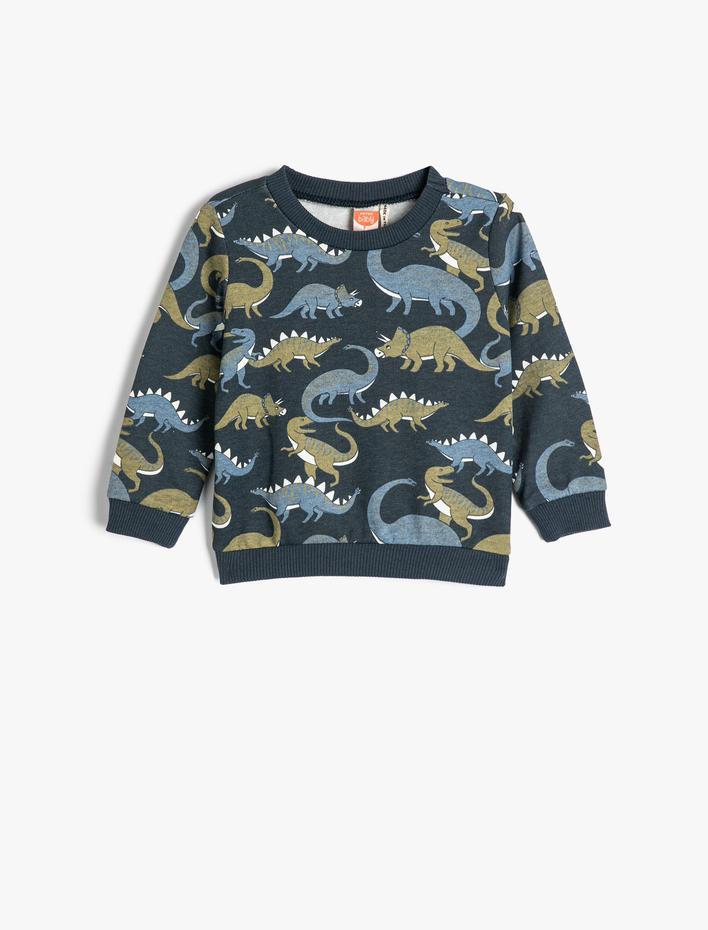 Erkek Bebek Dinozorlu Sweatshirt Bisiklet Yaka Uzun Kollu Şardonlu