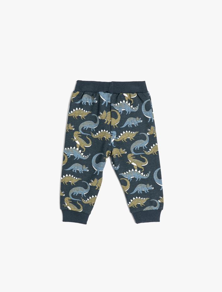 Erkek Bebek Jogger Eşofman Altı Dinozor Baskılı Cepli Beli Bağlamalı Şardonlu Pamuklu