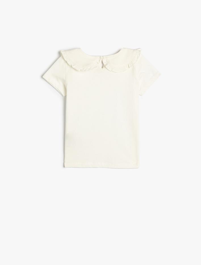 Kız Bebek Tişört Kısa Kollu Bebe Yaka Fırfır ve Çiçek Detaylı Pamuklu