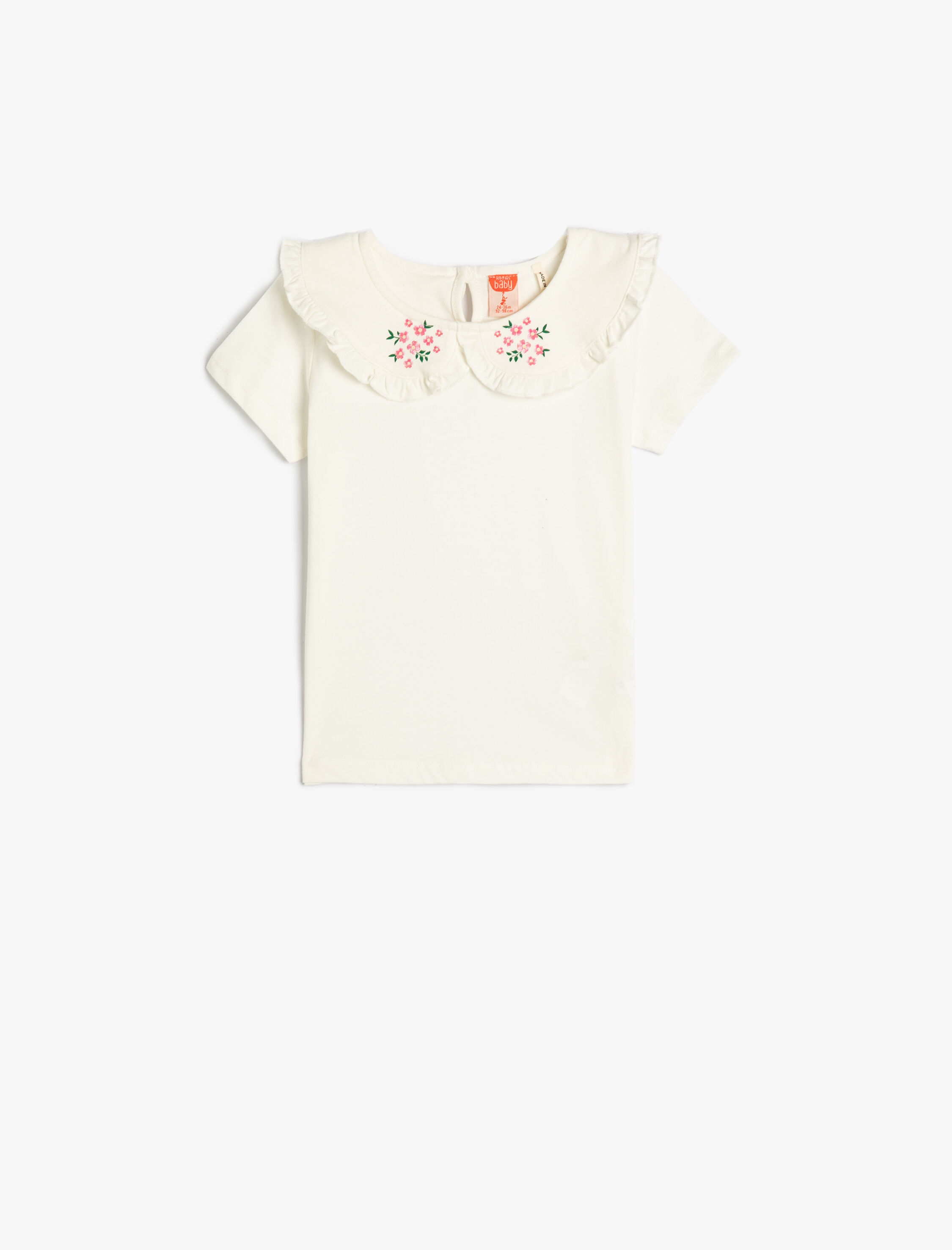  Kız Bebek Tişört Kısa Kollu Bebe Yaka Fırfır ve Çiçek Detaylı Pamuklu