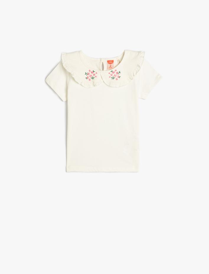 Kız Bebek Tişört Kısa Kollu Bebe Yaka Fırfır ve Çiçek Detaylı Pamuklu