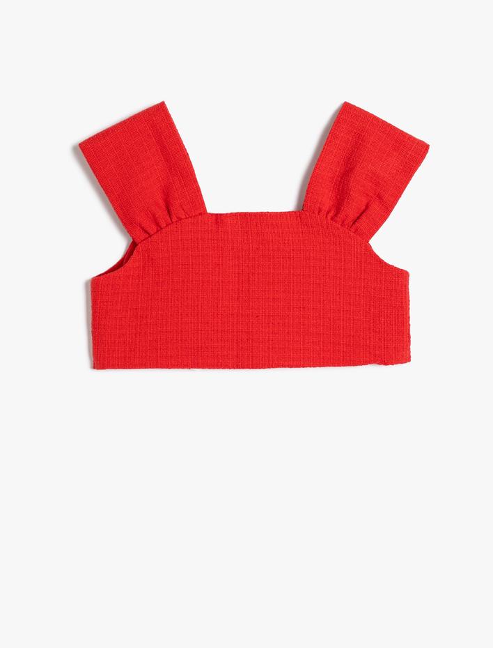 Kız Çocuk Crop Tüvit Bluz Düğme Detaylı Kolsuz Pamuklu