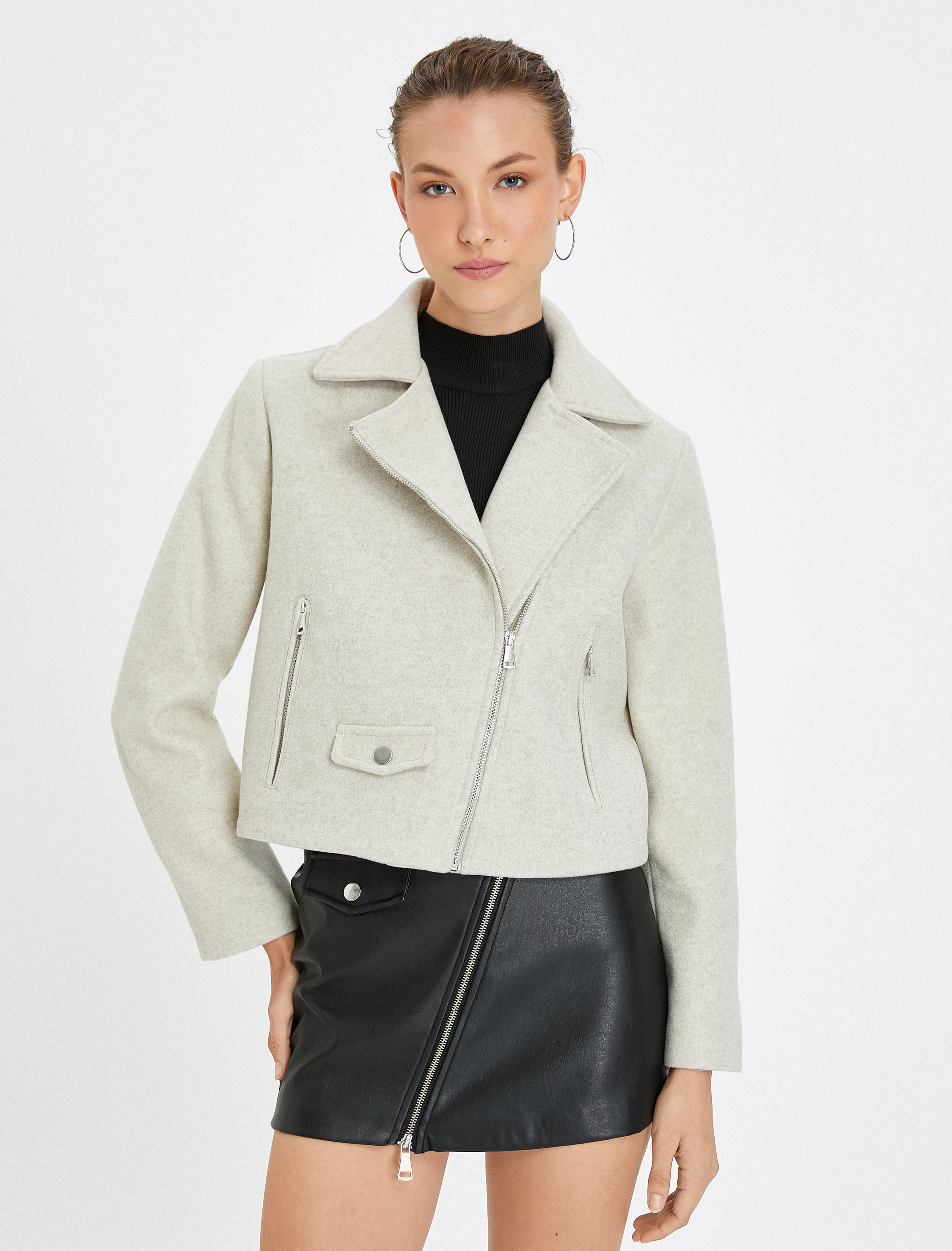   Biker Ceket Kruvaze Fermuarlı Cep Detaylı Astarlı