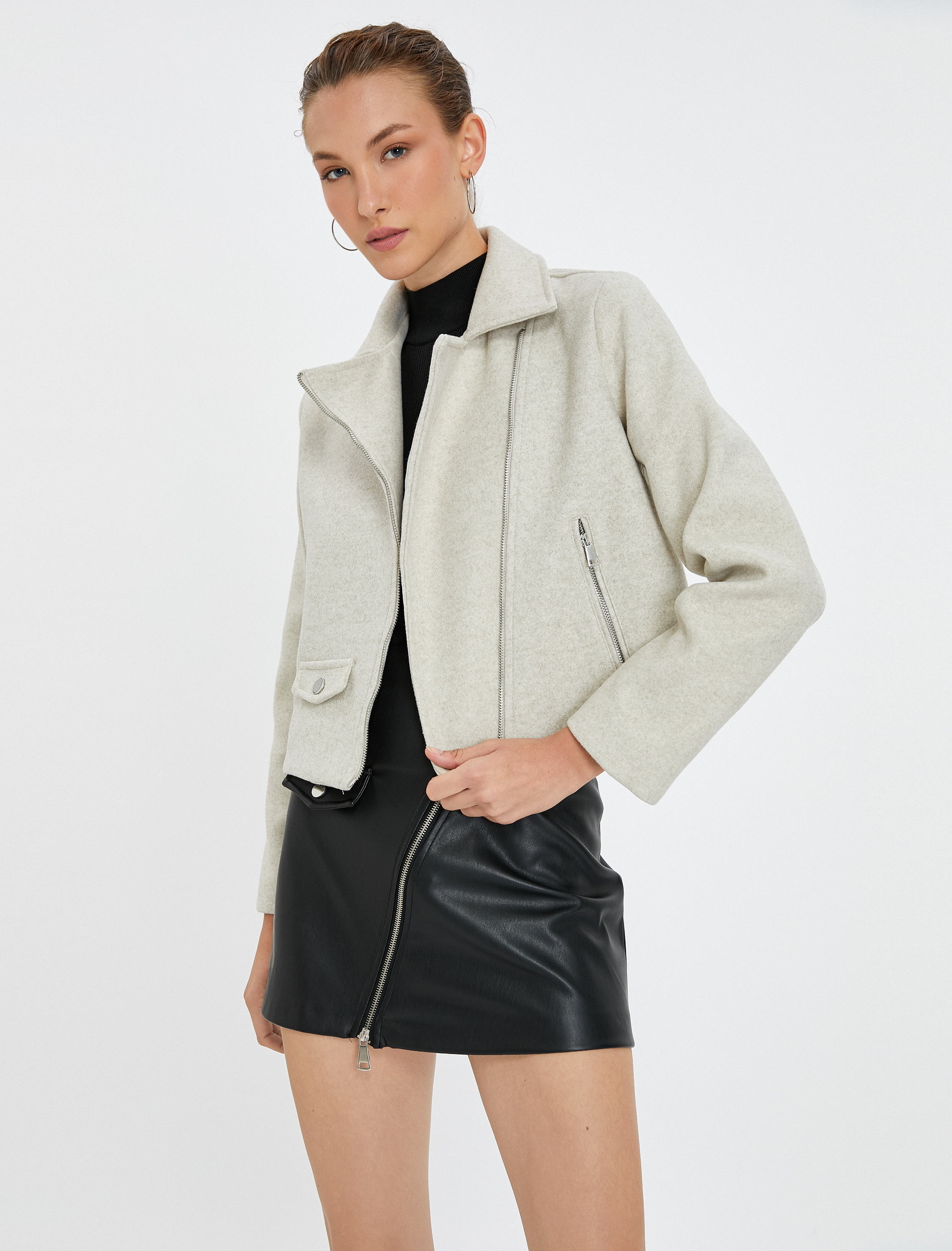   Biker Ceket Kruvaze Fermuarlı Cep Detaylı Astarlı