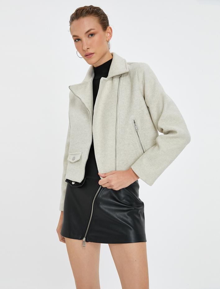  Biker Ceket Kruvaze Fermuarlı Cep Detaylı Astarlı