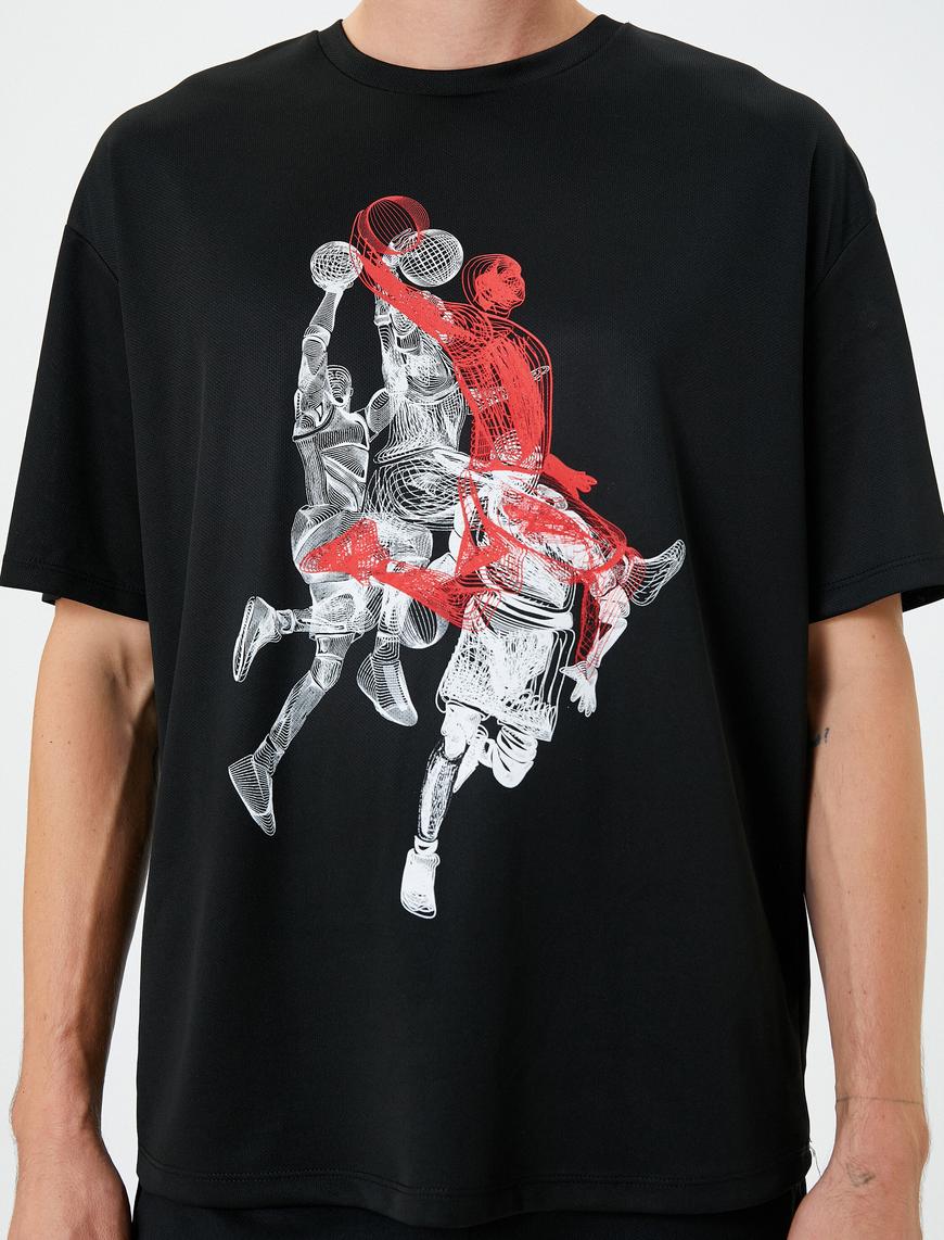   Oversize Spor Tişört Basketbol Baskılı Bisiklet Yaka Kısa Kollu