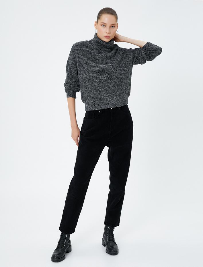  Balıkçı Yaka Kazak Lastik Örgü Rahat Kesim Uzun Kollu