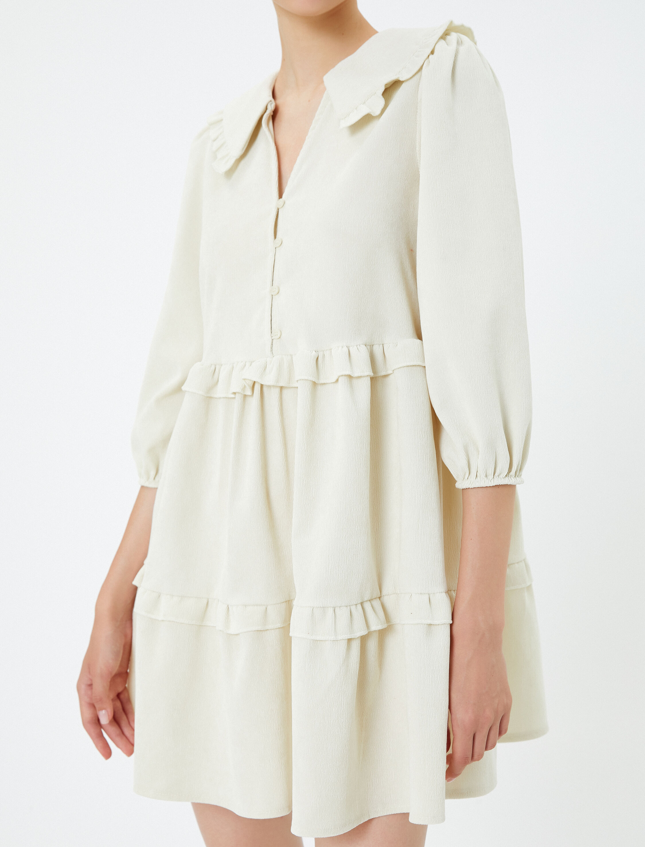   Balon Kol Elbise Geniş Bebe Yaka Düğme Detaylı Fırfırlı Katlı