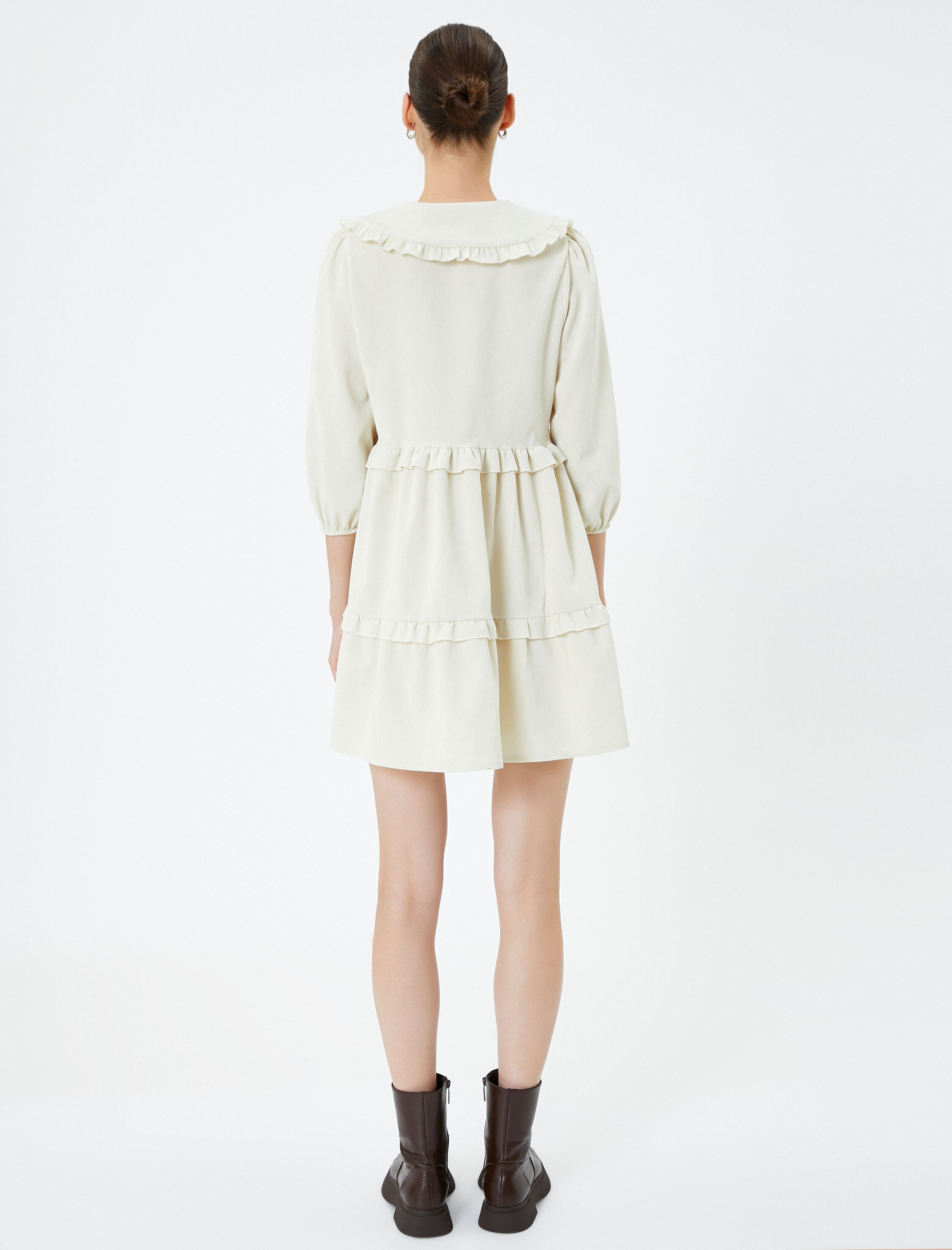   Balon Kol Elbise Geniş Bebe Yaka Düğme Detaylı Fırfırlı Katlı