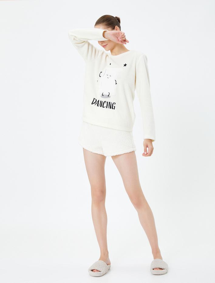  Peluş Mini Pijama Şort Beli Lastikli Rahat Kesim